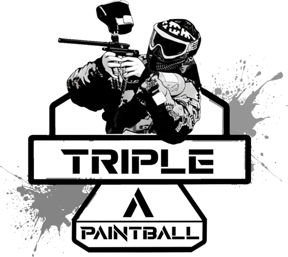 Triple A Paintball logo: a masked player aiming over the Triple A sign with gray paint splatter